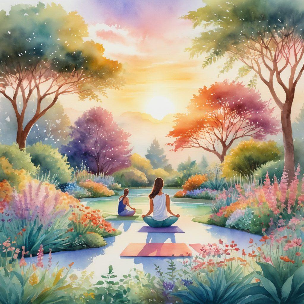 A serene landscape depicting a vibrant garden with diverse plants representing health and wellness, alongside a group of diverse individuals practicing yoga and meditation, symbolizing prevention and care. In the background, a sunrise signifies hope and new beginnings. Soft, warm colors create a calming atmosphere. watercolor painting style. pastel colors.