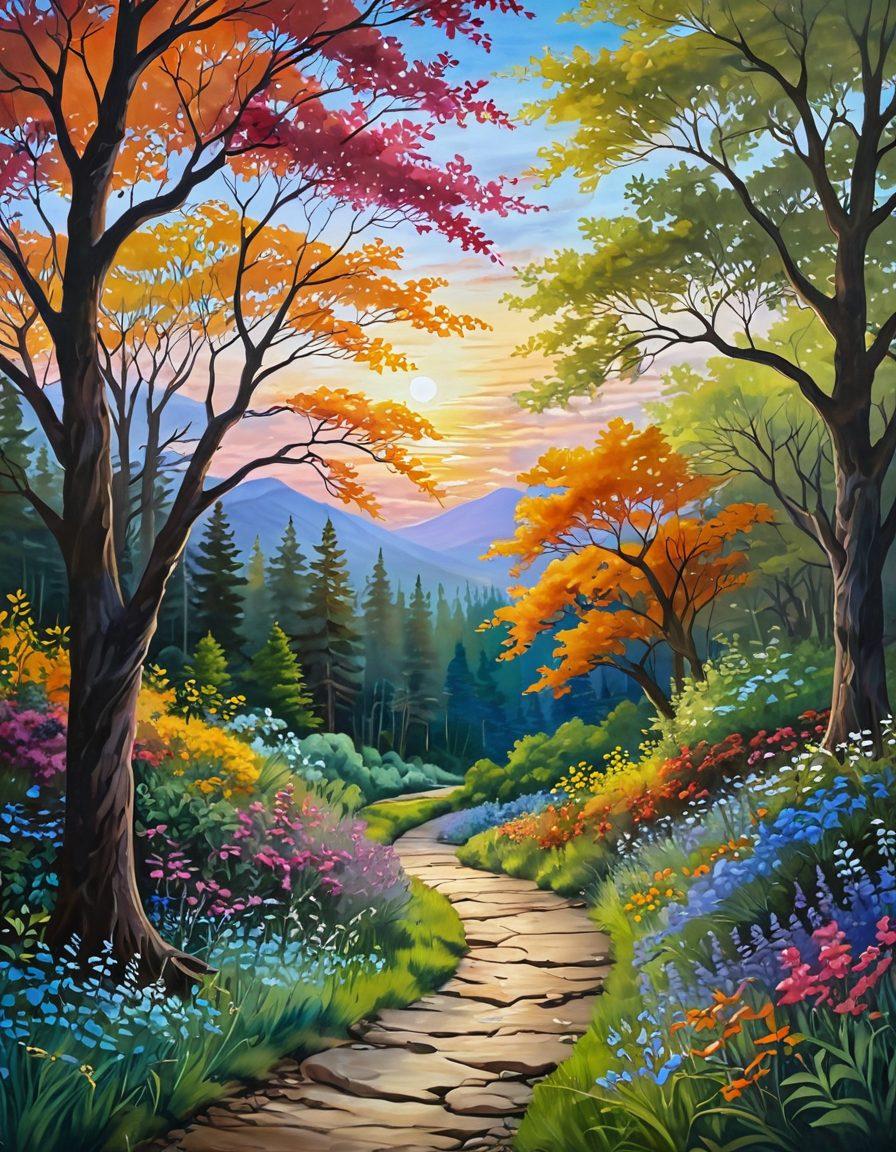 A serene landscape depicting a winding path through a lush forest, symbolizing a journey of healing. Along the path, gentle streams flow, and vibrant wildflowers bloom, illustrating hope and transformation. A figure in meditation sits peacefully by a tree, embodying inner peace. The sky is painted in warm, inviting colors, suggesting dawn breaking over a hopeful horizon. painting. vibrant colors. tranquil atmosphere.