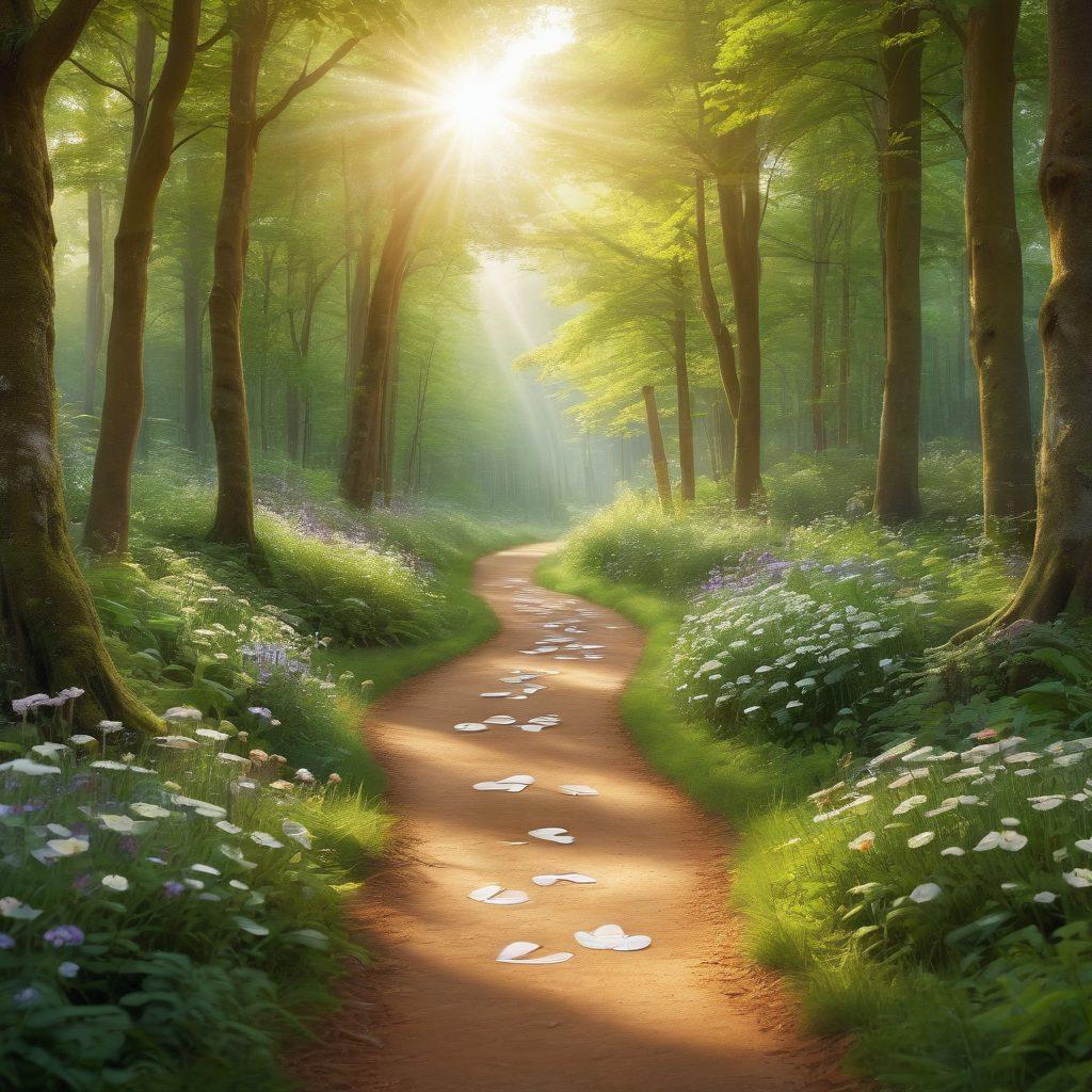 A serene and uplifting path in a lush green forest symbolizing healing, with diverse individuals walking together, sharing stories and support. Soft sunlight filtering through trees, creating a warm and inviting atmosphere. In the foreground, vibrant flowers representing hope and wellness. Include a subtle blend of medical symbols, like a ribbon or stethoscope, incorporated into nature. super-realistic. vibrant colors. warm tones.